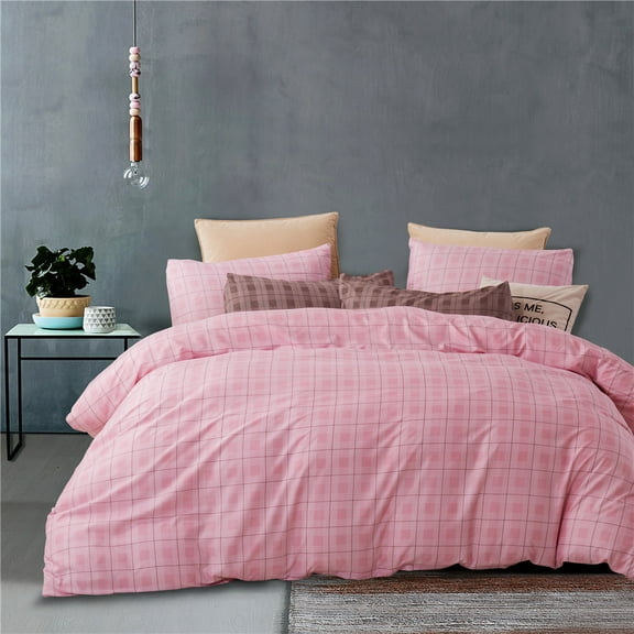 Quilt Cover Lattice Design Three Piece Microfiber, Cool & Breathable Sheet Set Pillowcase Pink