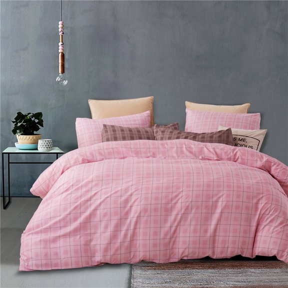Quilt Cover Lattice Design Three Piece Microfiber, Cool & Breathable Sheet Set Pillowcase Queen，Pink