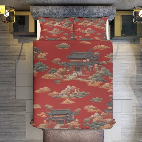 Quilt Cover Set Fashionable Printed Bedding Covers with Pillowcase Home Textiles, China Style Retro Red Twin (68"x86")