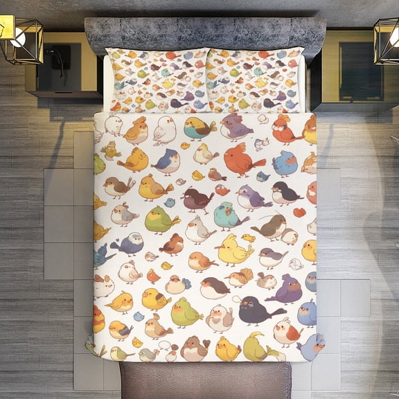 Quilt Cover Set Fashionable Printed Bedding Covers with Pillowcase Home Textiles, Cute Bird Cartoon Full (79"x91")
