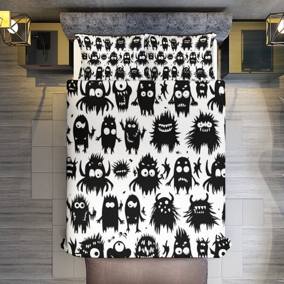 Quilt Cover Set Fashionable Printed Bedding Covers with Pillowcase Home Textiles, Dark Monster Pattern Queen (90"x90")
