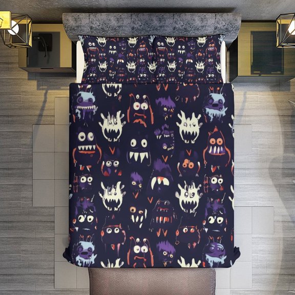 Quilt Cover Set Fashionable Printed Bedding Covers with Pillowcase Home Textiles, Dark Monster Pattern Queen (90"x90")