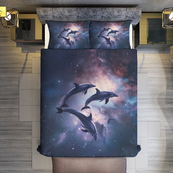 Quilt Cover Set Fashionable Printed Bedding Covers with Pillowcase Home Textiles, Dolphins Universe Full (79"x91")