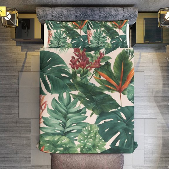Quilt Cover Set Fashionable Printed Bedding Covers with Pillowcase Home Textiles, Leaf Flowers Nordic Tropical Plants Twin (68"x86")