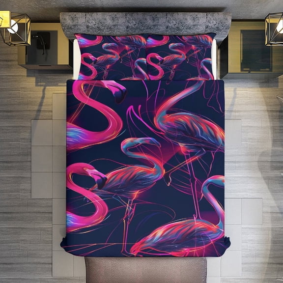 Quilt Cover Set Fashionable Printed Bedding Covers with Pillowcase Home Textiles, Neon Flamingo King (90"x102")