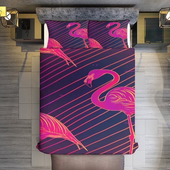 Quilt Cover Set Fashionable Printed Bedding Covers with Pillowcase Home Textiles, Neon Flamingo Queen (90"x90")