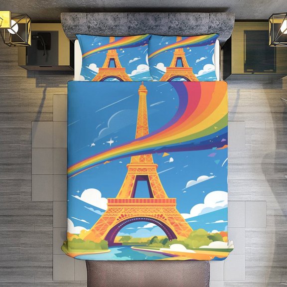 Quilt Cover Set Fashionable Printed Bedding Covers with Pillowcase Home Textiles, Paris Pride Eiffel Tower Twin (68"x86")