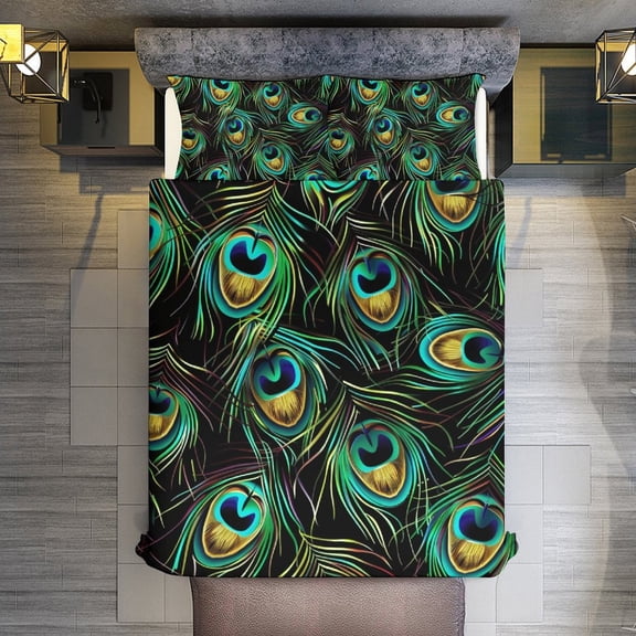 Quilt Cover Set Fashionable Printed Bedding Covers with Pillowcase Home Textiles, Peacock Queen (90"x90")