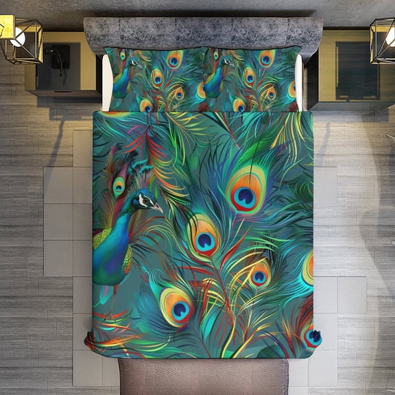 Quilt Cover Set Fashionable Printed Bedding Covers with Pillowcase Home Textiles, Peacock Twin (68"x86")