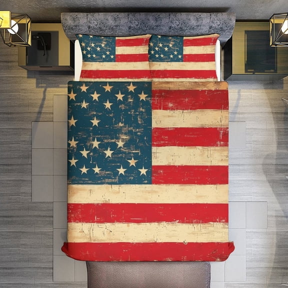 Quilt Cover Set Fashionable Printed Bedding Covers with Pillowcase Home Textiles, Retro American Flag King (90"x102")