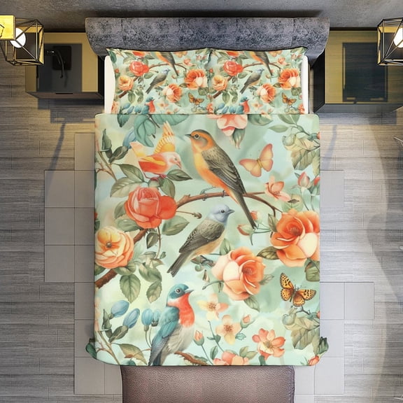 Quilt Cover Set Fashionable Printed Bedding Covers with Pillowcase Home Textiles, Vintage Floral Birds Queen (90"x90")