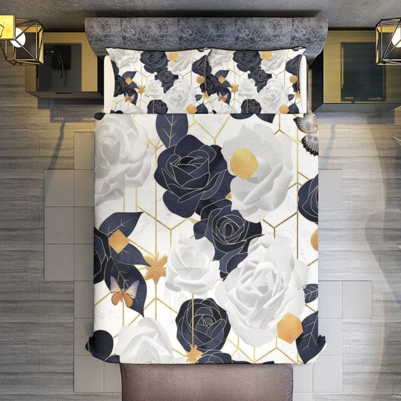 Quilt Cover Set Fashionable Printed Bedding Covers with Pillowcase Home Textiles, White Navy Roses Full (79"x91")