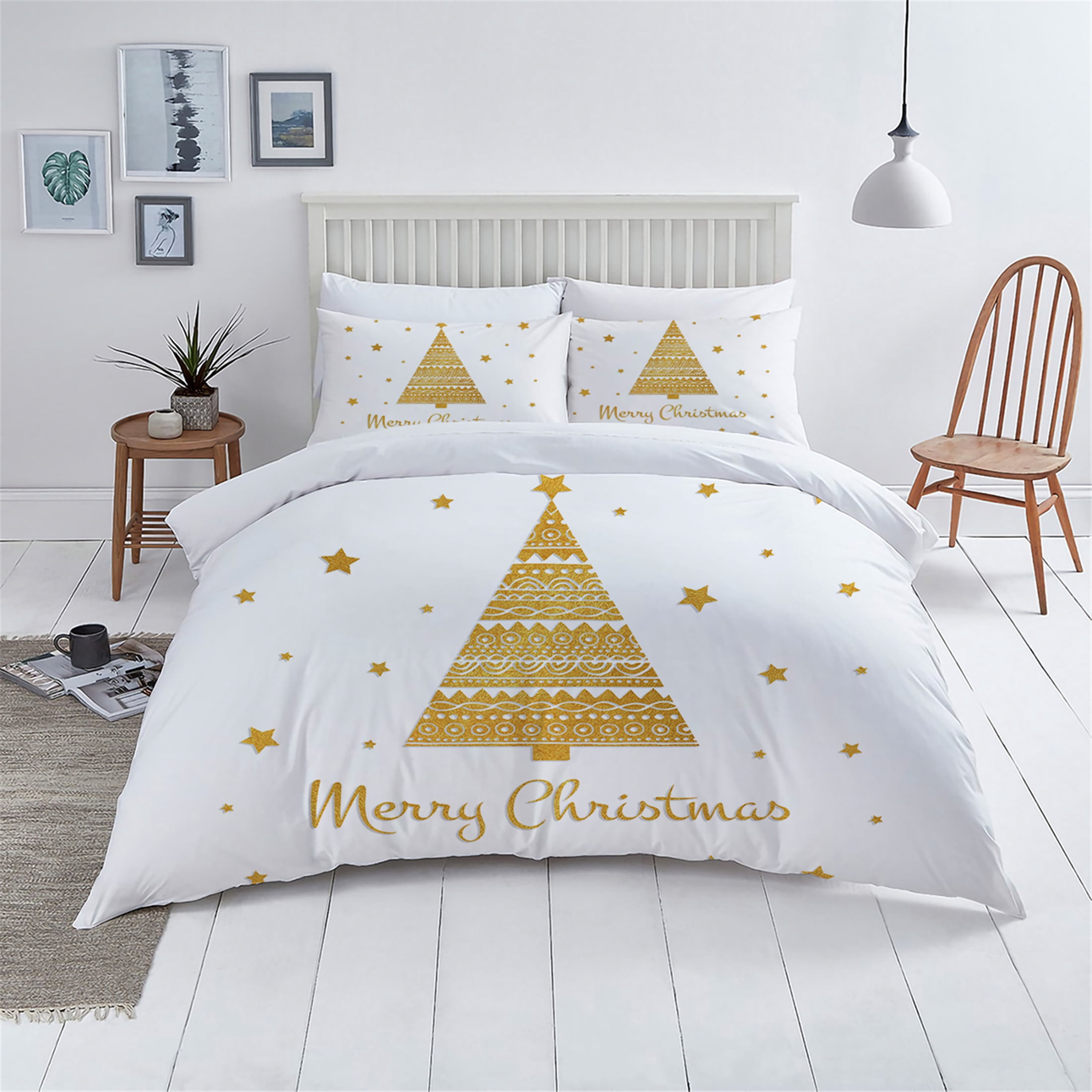 Quilt Cover Set Happy Christmas Painting Home Bedclothes Golden Christmas Tree Printed White Duvet Cover Set,Full (80"x90")