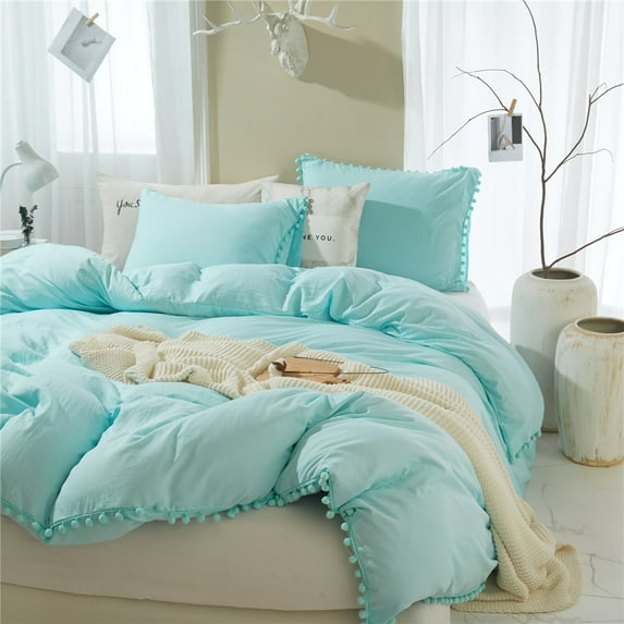 Quilt Cover Sheet Set Microfiber,Cool & Breathable Solid Color Wash Pillowcase Blue