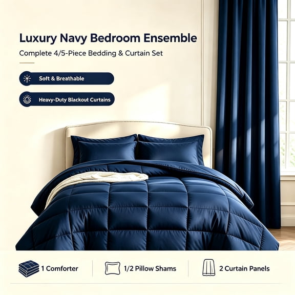 Quilt & Curtain Set, 1 twin quiit+1 pillowcase +2 52*84" blackout curtain -navy