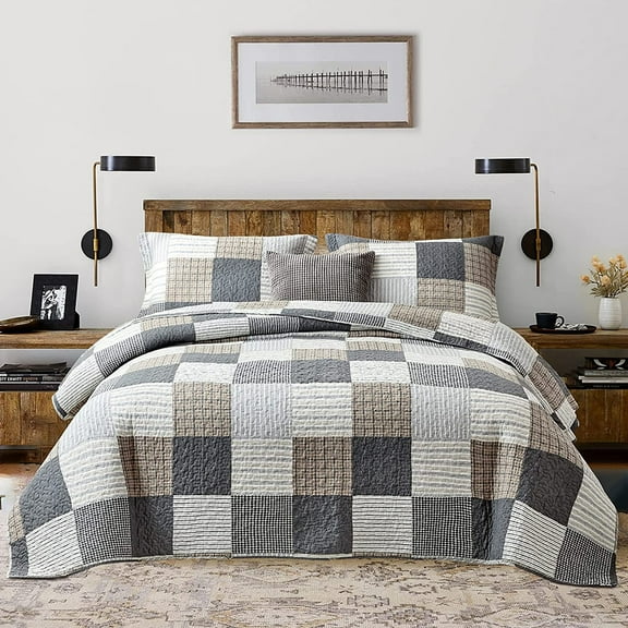 Quilt King Size, 100% Cotton Plaid King Size Quilt, Brown Grey King Bedspreads, Rustic Plaid Lightweight King Quilt Bedding Set For All Season, 3-Pieces