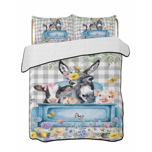 Quilt King Size Bedding Set, Animals Flowers Reversible Summer Quilt 3 Pieces, Weeping Spring Floral Elegant Checkered Lightweight Bedspreads Coverlets with 2 Pillow Shams for All Seasons