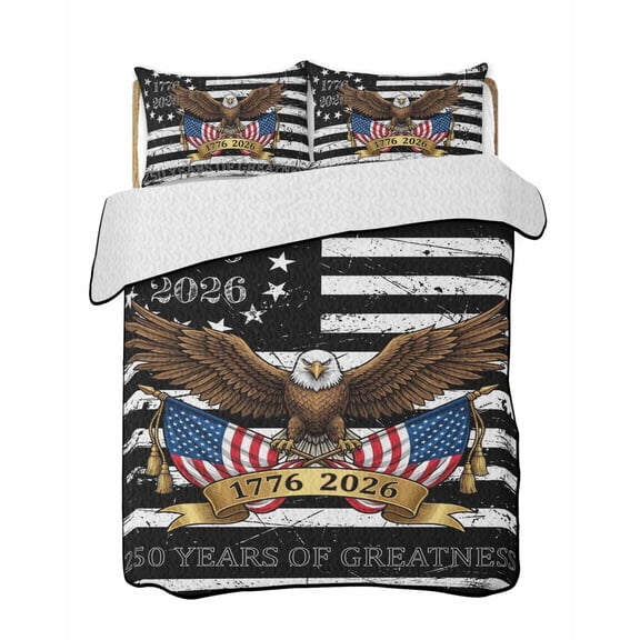 Quilt King Size Bedding Set, Anniversary USA Flag Reversible Summer Quilt 3 Pieces, Black American Flag Eagle Lightweight Bedspreads Coverlets with 2 Pillow Shams for All Seasons