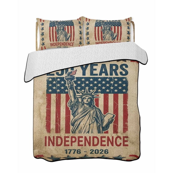 Quilt King Size Bedding Set, Anniversary USA Flag Reversible Summer Quilt 3 Pieces, Statue of Liberty Vintage Lightweight Bedspreads Coverlets with 2 Pillow Shams for All Seasons