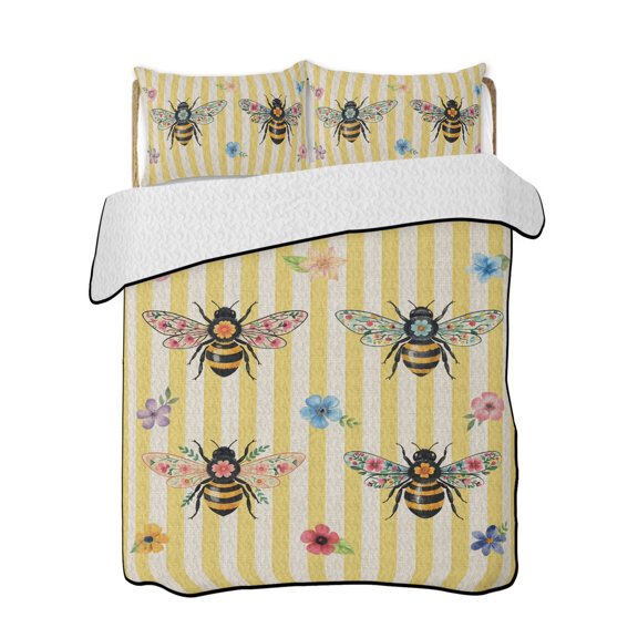 Quilt King Size Bedding Set, Bees Flowers Reversible Summer Quilt 3 Pieces, Retro Spring Botanical Floral Yellow Stripes Lightweight Bedspreads Coverlets with 2 Pillow Shams for All Seasons