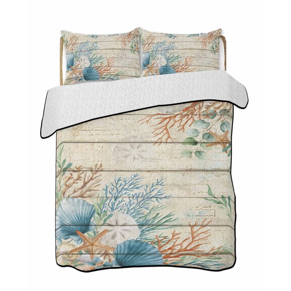 Quilt King Size Bedding Set, Beige Beach Coastal Reversible Summer Quilt 3 Pieces, Summer Nautical Coral Shell Botanical Vintage Lightweight Bedspreads Coverlets with 2 Pillow Shams for All Seasons
