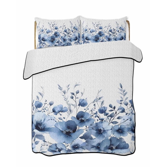 Quilt King Size Bedding Set, Blue Blooms Floral Reversible Summer Quilt 3 Pieces, Farmhouse Spring Flowers Botanical Lightweight Bedspreads Coverlets with 2 Pillow Shams for All Seasons