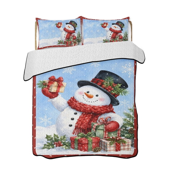 Quilt King Size Bedding Set, Blue Christmas Reversible Summer Quilt 3 Pieces, Xmas Snowman Snowflake Gifts Trees Berry Red Lightweight Bedspreads Coverlets with 2 Pillow Shams for All Seasons