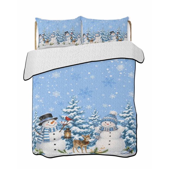 Quilt King Size Bedding Set, Blue Christmas Snowflakes Reversible Summer Quilt 3 Pieces, Winter Xmas Snowman Pine Trees Lightweight Bedspreads Coverlets with 2 Pillow Shams for All Seasons