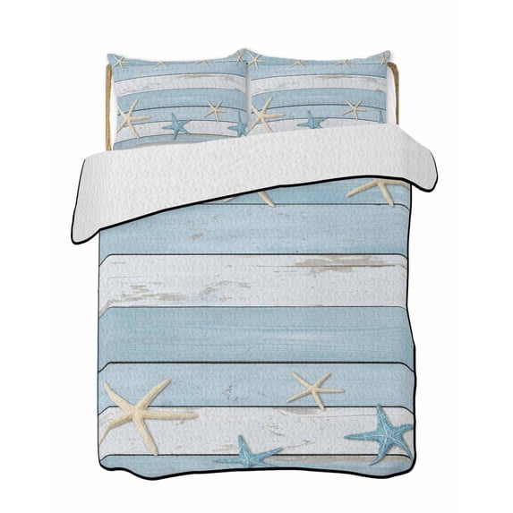 Quilt King Size Bedding Set, Blue Coastal Reversible Summer Quilt 3 Pieces, Retro Summer Beach Nautical Starfish Lightweight Bedspreads Coverlets with 2 Pillow Shams for All Seasons