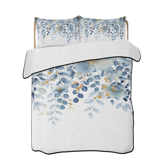 Quilt King Size Bedding Set, Blue Tulip Eucalyptus Reversible Summer Quilt 3 Pieces, Spring Summer Botanical Floral Chic Lightweight Bedspreads Coverlets with 2 Pillow Shams for All Seasons