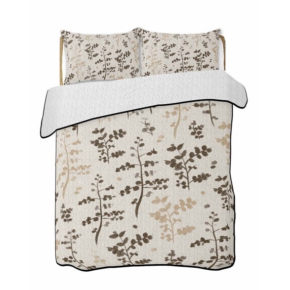 Quilt King Size Bedding Set, Brown Beige Botanical Reversible Summer Quilt 3 Pieces, Rustic Country Spring Floral Summer Leaf Lightweight Bedspreads Coverlets with 2 Pillow Shams for All Seasons