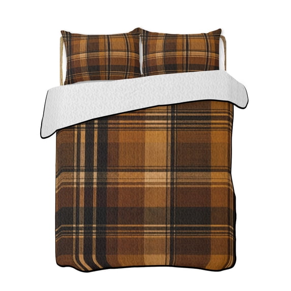 Quilt King Size Bedding Set, Brown Checked Reversible Summer Quilt 3 Pieces, Farmhouse Tan Brown Buffalo Plaid Lightweight Bedspreads Coverlets with 2 Pillow Shams for All Seasons