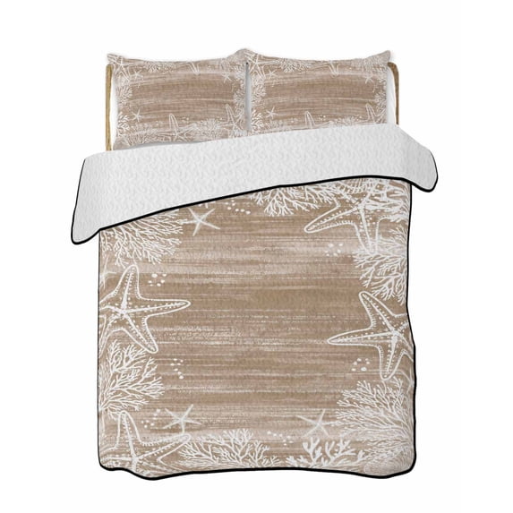 Quilt King Size Bedding Set, Brown Coastal Reversible Summer Quilt 3 Pieces, Summer Ocean Sea Ombre Starfish Corals Lightweight Bedspreads Coverlets with 2 Pillow Shams for All Seasons