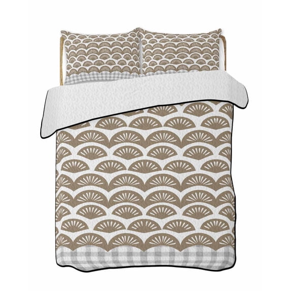 Quilt King Size Bedding Set, Brown Pine Leaves Reversible Summer Quilt 3 Pieces, Abstract Art Geometric Gray Plaid Lightweight Bedspreads Coverlets with 2 Pillow Shams for All Seasons