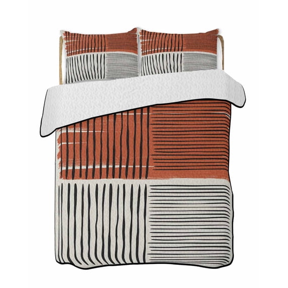 Quilt King Size Bedding Set, Brown Striped Reversible Summer Quilt 3 Pieces, Farmhouse Stripes Modern Abstract Art Lightweight Bedspreads Coverlets with 2 Pillow Shams for All Seasons