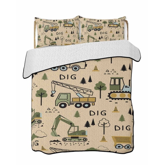 Quilt King Size Bedding Set, Cartoon Tractor Reversible Summer Quilt 3 Pieces, Cute Digger Shovel Truck Car Khaki Lightweight Bedspreads Coverlets with 2 Pillow Shams for All Seasons