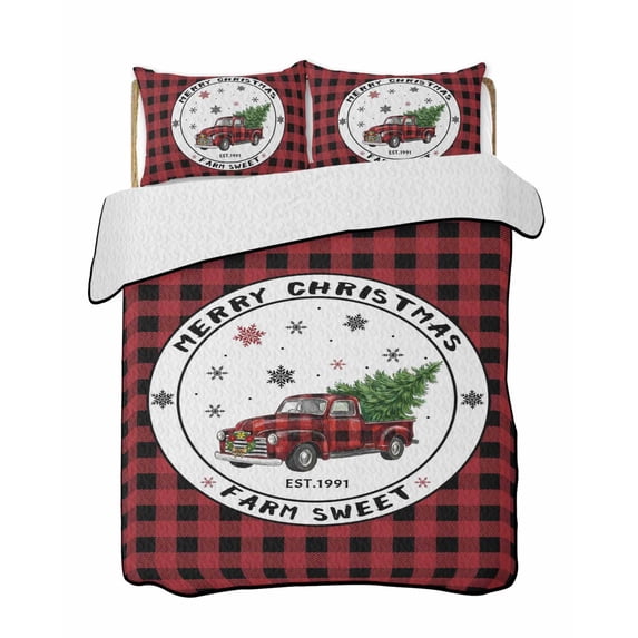 Quilt King Size Bedding Set, Christmas Reversible Summer Quilt 3 Pieces, Red Black Plaid Winter Truck Snowflake Pine Tree Lightweight Bedspreads Coverlets with 2 Pillow Shams for All Seasons