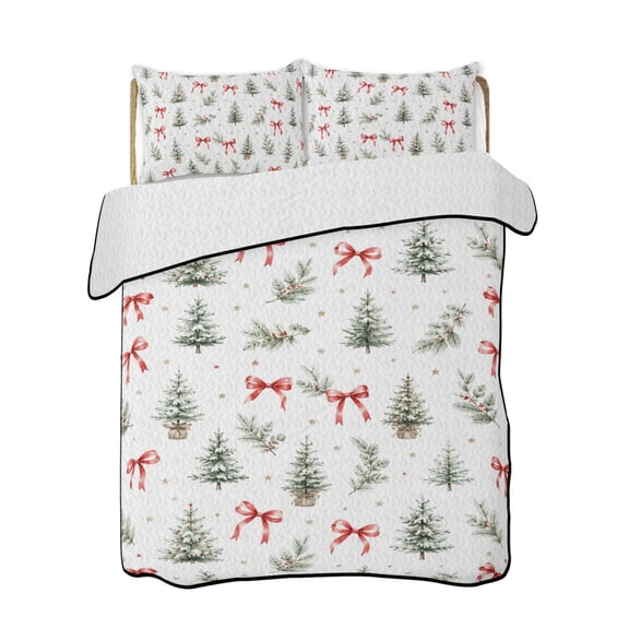 Quilt King Size Bedding Set, Christmas Reversible Summer Quilt 3 Pieces, Winter Xmas Trees Bow Holly Leaf Textured Lightweight Bedspreads Coverlets with 2 Pillow Shams for All Seasons