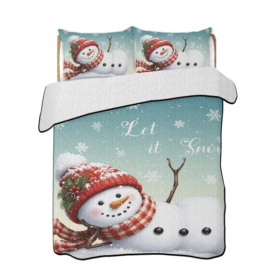 Quilt King Size Bedding Set, Christmas Scarf Snowman Reversible Summer Quilt 3 Pieces, Turquoise Winter Xmas Snowflake Lightweight Bedspreads Coverlets with 2 Pillow Shams for All Seasons