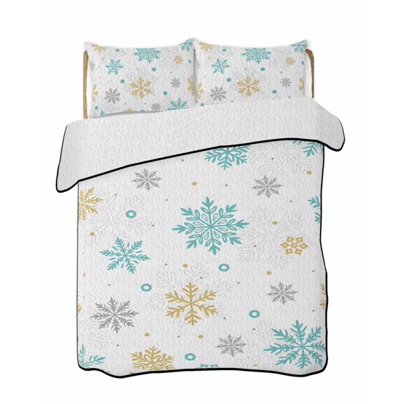 Quilt King Size Bedding Set, Christmas Snowflakes Reversible Summer Quilt 3 Pieces, Winter Xmas Snow Yellow Teal Blue Lightweight Bedspreads Coverlets with 2 Pillow Shams for All Seasons
