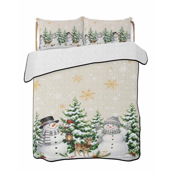 Quilt King Size Bedding Set, Christmas Snowflakes Reversible Summer Quilt 3 Pieces, Winter Xmas Snowman Pine Trees Beige Lightweight Bedspreads Coverlets with 2 Pillow Shams for All Seasons