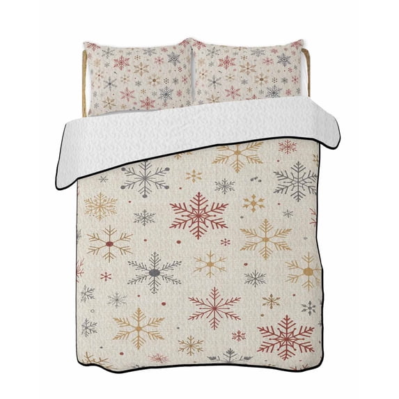 Quilt King Size Bedding Set, Christmas Snowflakes Reversible Summer Quilt 3 Pieces, Xmas Snowy Winter Beige Lightweight Bedspreads Coverlets with 2 Pillow Shams for All Seasons