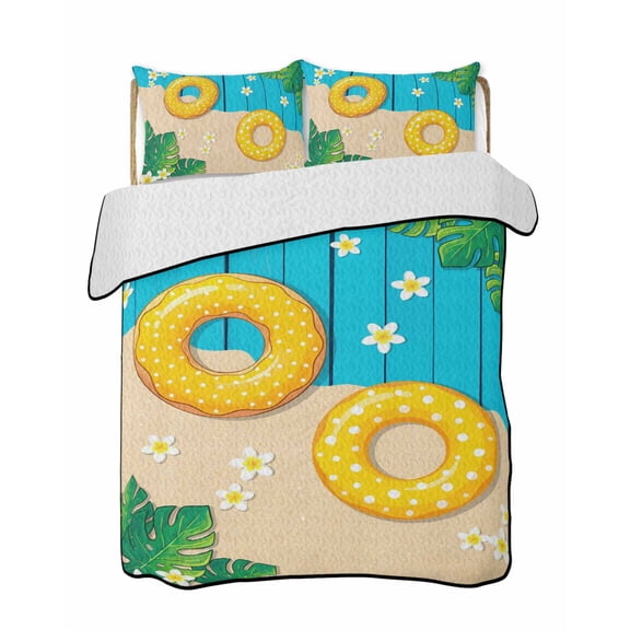 Quilt King Size Bedding Set, Coastal Beach Reversible Summer Quilt 3 Pieces, Summer Tropical Palm Leaf Flowers Wood Grain Lightweight Bedspreads Coverlets with 2 Pillow Shams for All Seasons