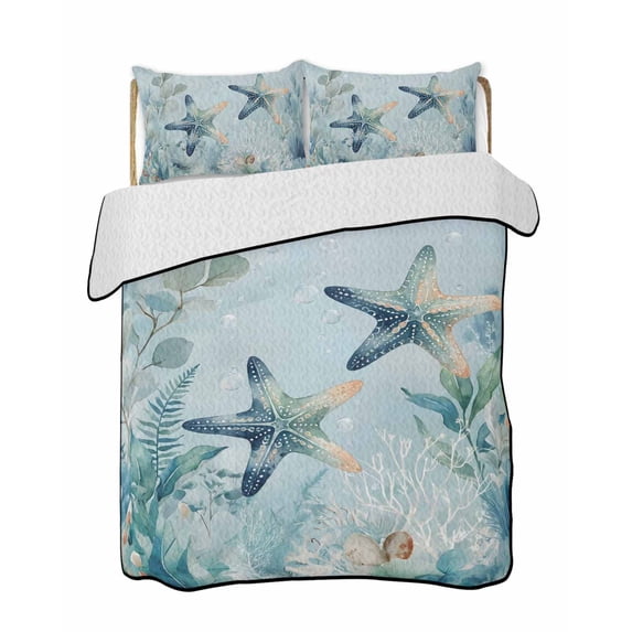 Quilt King Size Bedding Set, Coastal Starfish Reversible Summer Quilt 3 Pieces, Nautical Ocean Creature Eucalyptus Leaf Lightweight Bedspreads Coverlets with 2 Pillow Shams for All Seasons