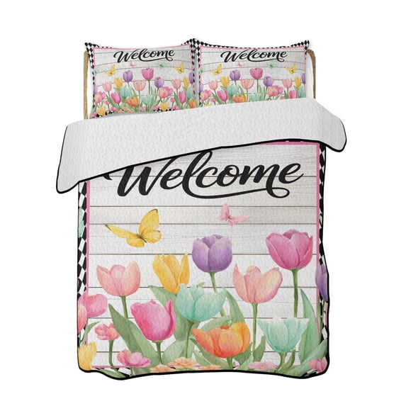 Quilt King Size Bedding Set, Colorful Tulip Reversible Summer Quilt 3 Pieces, Farmhouse Floral Welcome Black Checker Lightweight Bedspreads Coverlets with 2 Pillow Shams for All Seasons
