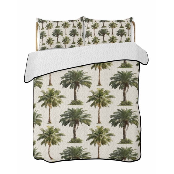 Quilt King Size Bedding Set, Date Palm Trees Reversible Summer Quilt 3 Pieces, Retro Summer Tropical Trees Plants Beige Lightweight Bedspreads Coverlets with 2 Pillow Shams for All Seasons