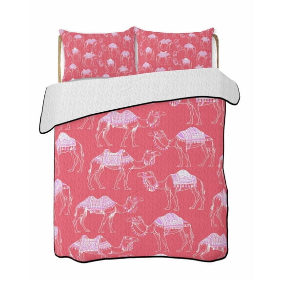 Quilt King Size Bedding Set, Desert Camel Reversible Summer Quilt 3 Pieces, Summer Sand Camel Animal Vintage Pink Lightweight Bedspreads Coverlets with 2 Pillow Shams for All Seasons