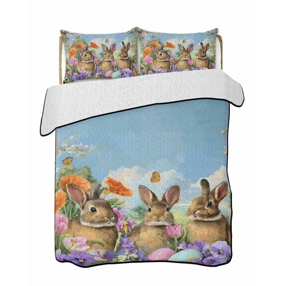 Quilt King Size Bedding Set, Easter Bunnies Reversible Summer Quilt 3 Pieces, Spring Easter Eggs Garden Floral Lightweight Bedspreads Coverlets with 2 Pillow Shams for All Seasons