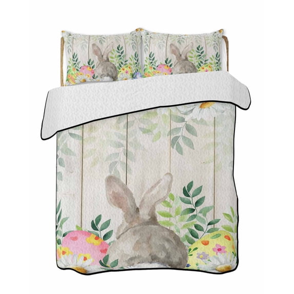 Quilt King Size Bedding Set, Easter Bunnies Reversible Summer Quilt 3 Pieces, Spring Eucalyptus Easter Eggs Gray Wooden Lightweight Bedspreads Coverlets with 2 Pillow Shams for All Seasons