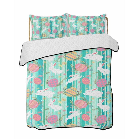 Quilt King Size Bedding Set, Easter Bunny Eggs Reversible Summer Quilt 3 Pieces, Spring Leaves Daisy Flowers Green Stripes Lightweight Bedspreads Coverlets with 2 Pillow Shams for All Seasons